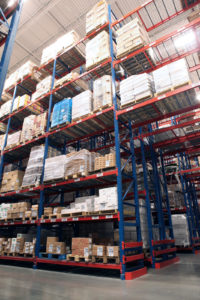 Frazier's Sentinel Selective Pallet Racking with Wire Mesh Deck stores various food stock keeping units.