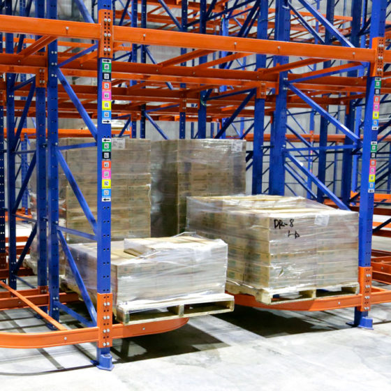 Frazier Ergo Deep pallet racking enables case picking by means of a walk through aisle in a refrigerated warehousing application.