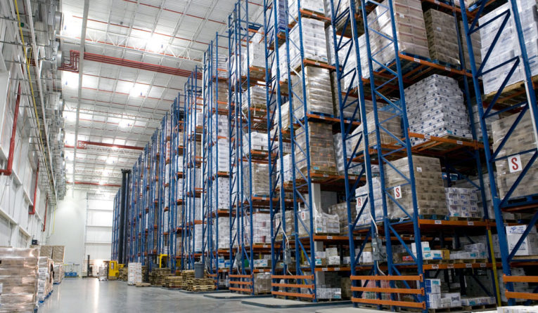 Rows of Frazier Sentinel Selective Pallet Racking protected by guard rail safety features.