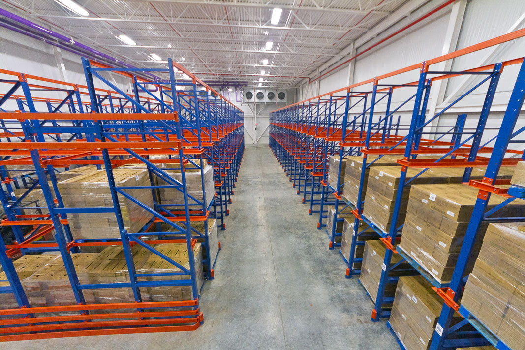 A Drive-In and Drive-Thru pallet rack system for a food application.