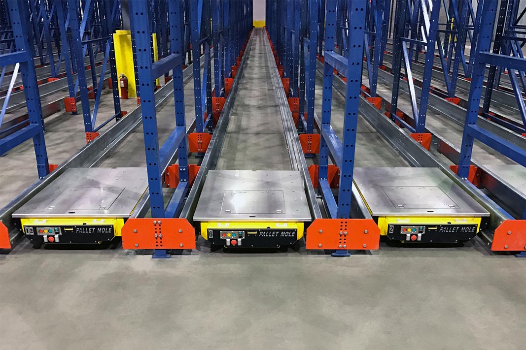 Pallet Mole® units in a rack system.